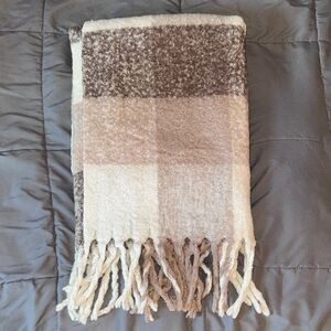 Brown & Cream Soft Plaid Fringe Scarf